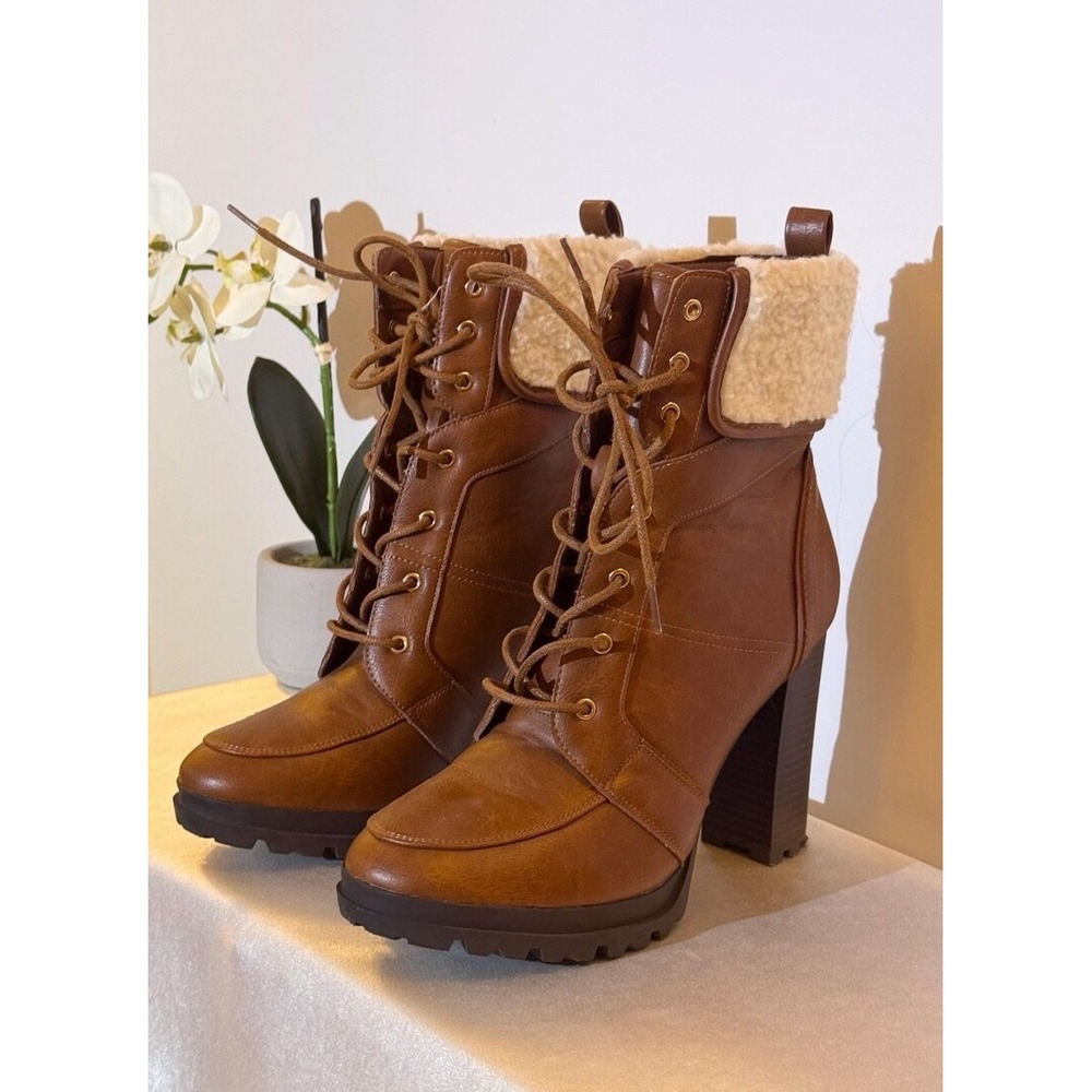 JustFab Shandee Sherpa Trim Block High Heel Boots Brown Lug Sole 6.5
